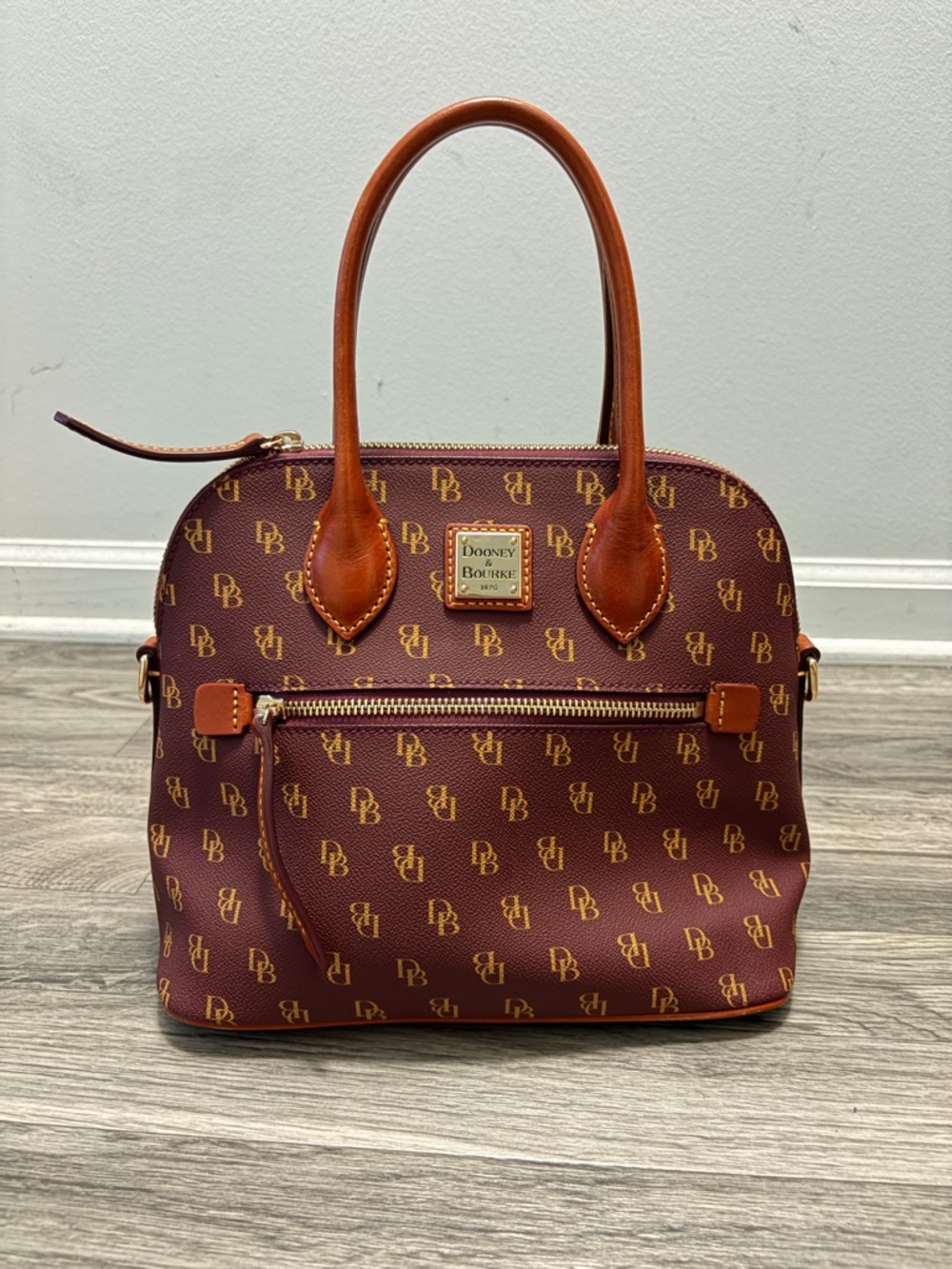 Dooney & Bourke Burgundy Satchel with Tan Trim and Signature DB Print